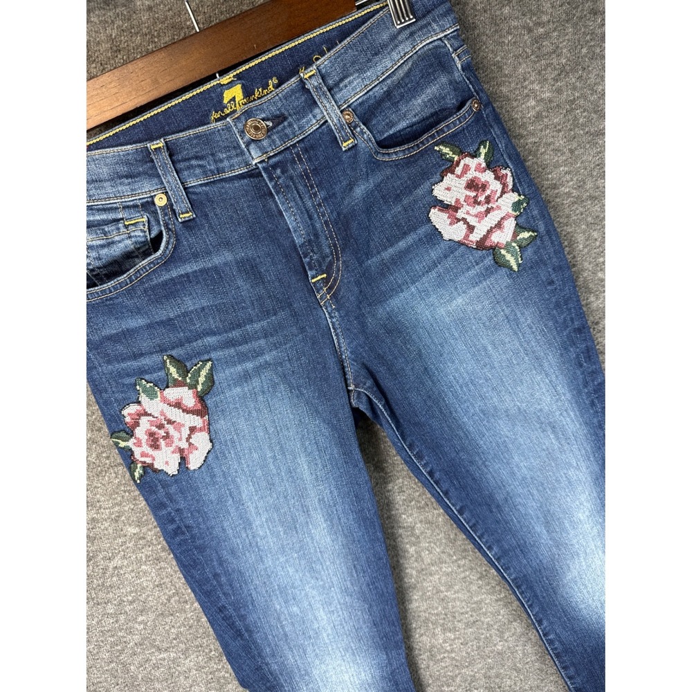 7 For All Mankind Blue Skinny Jeans with Pink Rose Embroidery